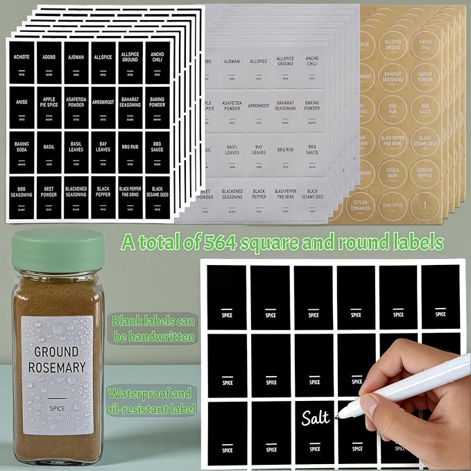 Spice Jars with Labels - 24 Glass Spice with Shaker Lids & Airtight Plastic Caps - 4oz Complete Seasoning Containers Organizer Set for Cabinet, Drawer & Rack (Light Green)