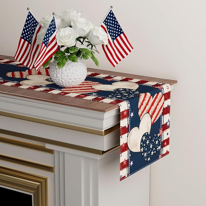 4th of July Table Runner Stripe Stars Heart Memorial Day Independence Day Patriotic America Table Decoration Home Kitchen Dining Indoor Holiday Farmhouse Decor 13x108 Inch
