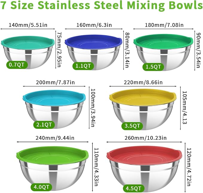 7 Pcs Stainless Steel Mixing Bowls with Colorful Lids Set Metal Salad Bowls | Nesting Design for Kitchen Mixing/preping/Saving, Size: 0.7, 1.1, 1.5, 2.1, 3.5, 4, 4.5Qt
