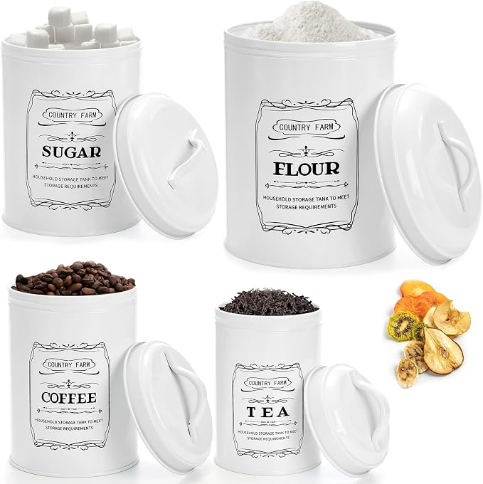 Set of 4 Kitchen Canisters with Airtight Lids, Coffee Tea Sugar Flour Tin Jars Nesting Food Storage Container Set for Farmhouse Decor, 4 Sizes