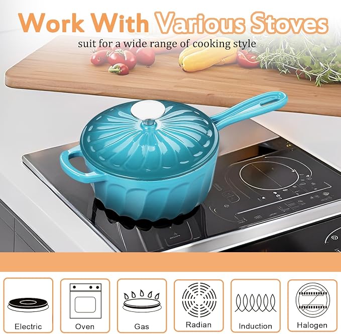 Enameled Cast Iron Sauce Pan with Lid, 2 Quart Saucepan with Lid | Dutch Oven with Lid, Small Cast Iron Pot for Cooking Pasta, Soup, Milk, Induction & Oven Safe Up to 500°F, Blue-green