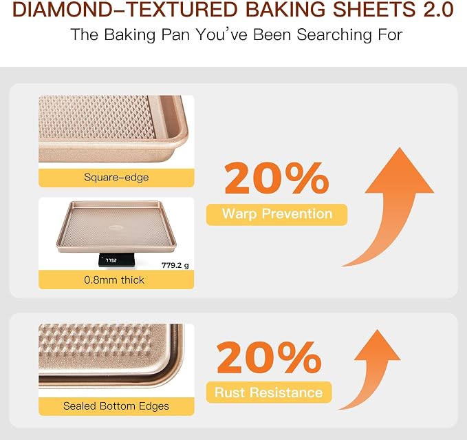 3 Pack Gold Nonstick Baking Sheet Pan Set with Oven Mitts Heat Resistant, Non-Toxic Half/Quarter/Jelly Roll Pans with Diamond Texture Pattern, Heavy Duty 0.8mm Thick Cookie Trays for Cooking