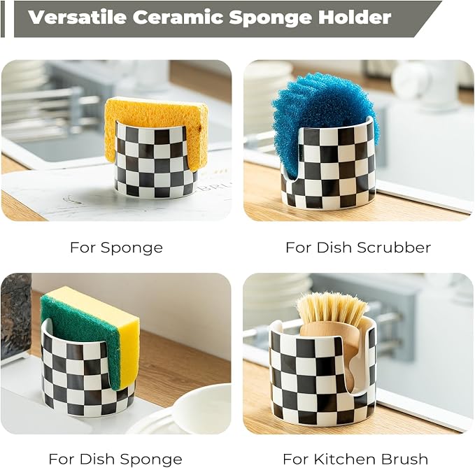 Zoeeker Sponge Holder for Kitchen Sink, Ceramic Checkered Dish Sponge Rack | Dish Brush Holder Farmhouse Kitchen Drying Rack Scrubby Caddy Kitchen Organizer for Scrubber, Bathroom, Sink, Black and White