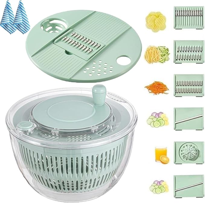 3 in 1 Salad Spinner with Mandoline Slicer, All in One Slicer Bowl, Multifunctional Salad Spinner Small Stainless Steel, Vegetables Wash Bowl, Fruits & Lettuce Dryer with 5 Blade (Green)