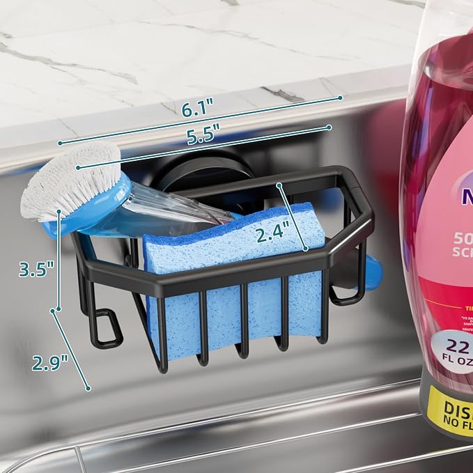 TAILI Sink Caddy with Strong Suction Cup, Sponge Holder for Sink-Black | for Kitchen Sink Organizer, Removable Sponge Caddy Inside Sink, Rustproof Aluminum Holder for Sponges, Brushes, Scrubber