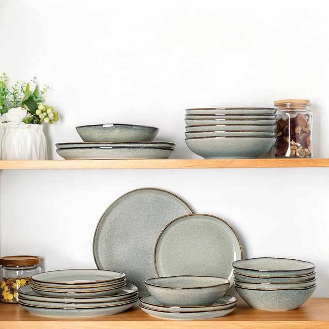 AmorArc Ceramic Dinnerware Sets for 6, 18Pcs Plates and Bowls Sets Dishes | Stoneware Handmade Reactive Glaze Dinner Set, Highly Scratch Resistant | Dishwasher & Microwave Safe Dishware