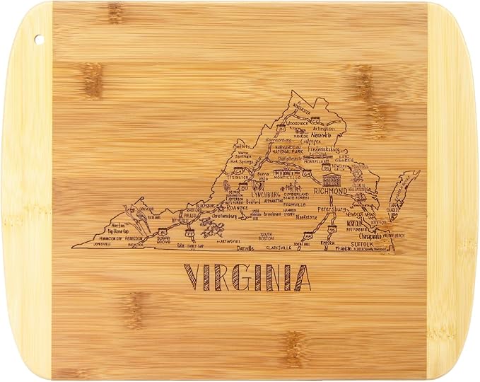 Totally Bamboo A Slice of Life Virginia Engraved Map Cutting Board | 11” x 8.75” charcuterie board with engraved state map artwork. Smooth reverse side for food prep. Hang tie for wall display.