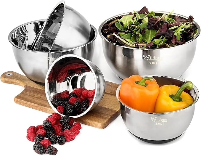 Wildone Mixing Bowls with Lids Set, Stainless Steel Mixing Bowls Set of 5 | Large Prep Metal Bowl Set with Non-slip Bottoms, Size 8, 5, 3, 2, 1.5 QT, Airtight Lids, Thicker Stainless Steel