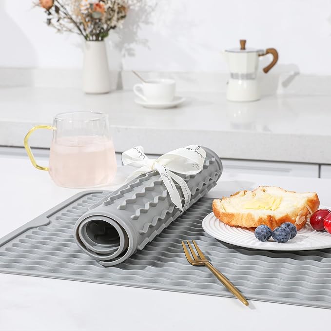 2 Pack Caketime Silicone Dish Drying Mat for Kitchen Counter Heat Resistant Quick Dry Pads Hot Dishes Waterproof with Under Sink Rack Soap Holder Coffee Accessories 15"x11.5" Light Gray