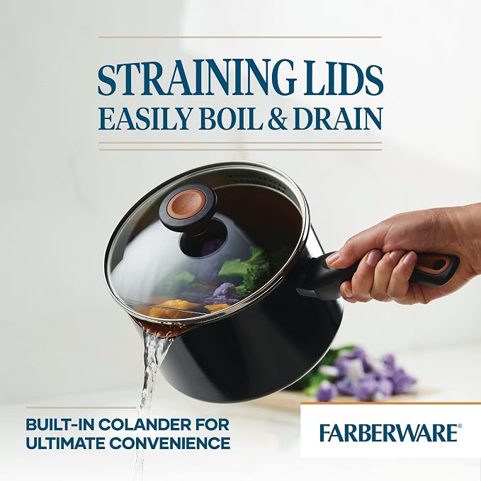 Farberware Glide Copper Ceramic Nonstick Straining Sauce Pan with Lid, 3-Quart, Black