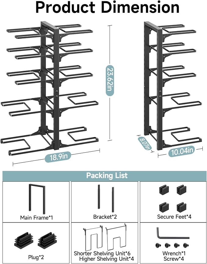 MUDEELA 10-Tier Pots and Pans Organizer Rack, 23.62" H for Cast-iron Pans | Adjustable heavy-duty pot rack, Holds big stockpots, cookware & skillets, Fits under cabinet on countertops, Kitchen storage