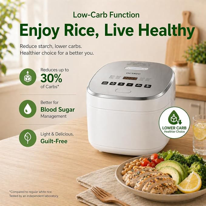 OCTAVO Low Carb Rice Cooker, 5-Cup Uncooked Stainless Steel Inner Pot, Low Sugar Rice Maker with 24H Timer and Auto Keep Warm, Small Rice Maker LED Display, White Rice/Brown Rice/Grains/Oatmeal