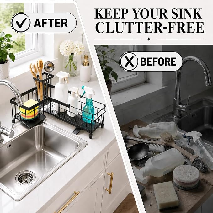 Extendable Corner Sink Sponge Holder, Quick-Drain Caddy for Kitchen Sink, Black