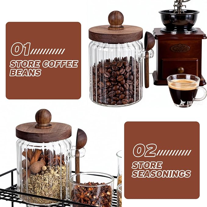 2 Pack 20oz Glass Brown Sugar Keeper Wooden Lid Canister | Farmhouse glass sugar keeper with spoon, airtight wooden lid 20oz, great for coffee bean, tea, baking spice kitchen storage