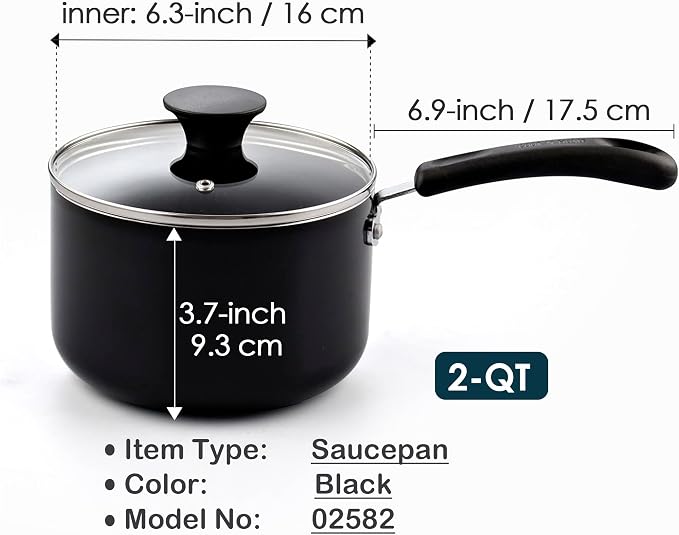 Cook N Home Basic 2 Quart Nonstick Saucepan with Glass Lid, Small Non Stick Aluminum Sauce Pan, Multi-Purpose Milk Chocolate Cooking Pot with Stay-Cool Handle, Black