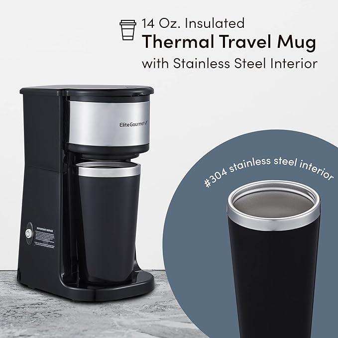 Elite Gourmet EHC-112B Personal Single-Serve Compact Coffee Maker, Black | Includes 14oz stainless steel interior thermal travel mug, reusable filter - compatible with coffee grounds