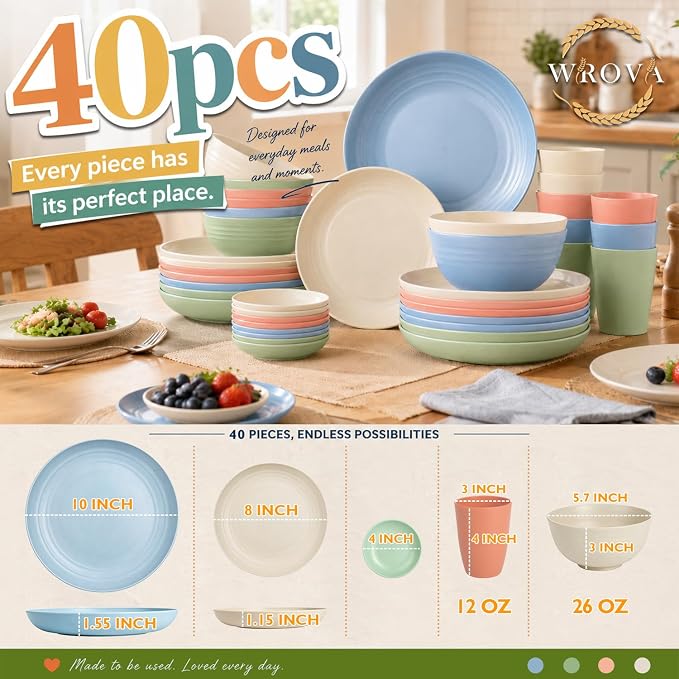 40PCS Dishes Set,Kids Plates and Bowls Set,Unbreakable Dinnerware Set | Wheat Straw Dinnerware Sets for 8, Kitchen Plates Bowls and Cups Set, Soy Sauce Dish, Microwave Safe Dishware Sets, Nordic