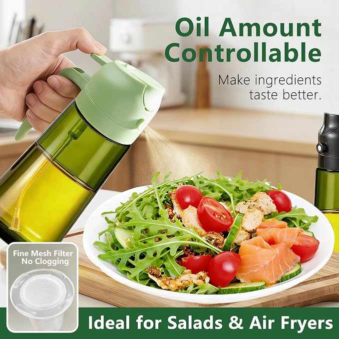 Olive Oil Sprayer & Dispenser Bottle for Cooking, Air Fryer, BBQ, and Salad – 2-in-1 Oil Mister Kitchen Accessory
