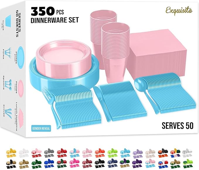 350 Pcs Gender Reveal Plastic Plates For Party, Gender Reveal Disposable Plates Set, 50 Of Each 9" Dinner Plate Set, 7" Dessert Plate, Cups, Napkins & Cutlery Plastic Dinnerware Exquisite
