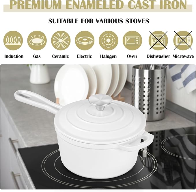 E-far Enameled Cast Iron Sauce Pan, 2 Quart Dutch Oven Saucepan with Lid, Small Sauce Pot for Cooking, Boiling, Healthy & Non Toxic, Induction & Oven Safe, White