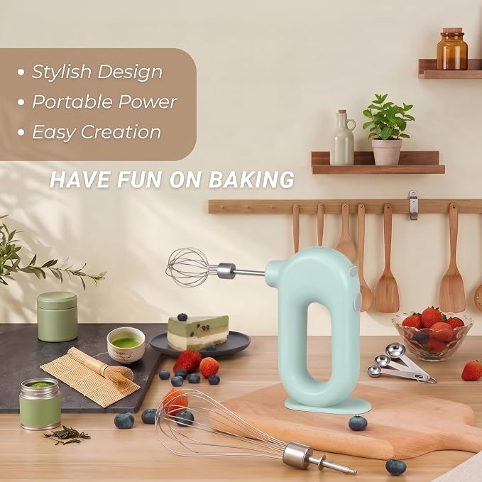 Colorful Mini Cordless Hand Mixer, Self-Standing USB Rechargeable Handheld Egg Beater with 4 Speeds & 2 Whisks, Lightweight Portable Electric Whisk for Kitchen Baking and Cooking(White)