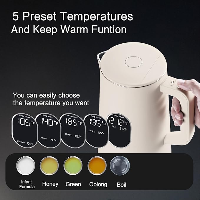 1.5L Electric Kettle Temperature Control, Cream White | Double Wall Cool Touch Teapot, Fast Boil, 5 Temperature Control, LED Display, Auto Shut-Off & Keep Warm