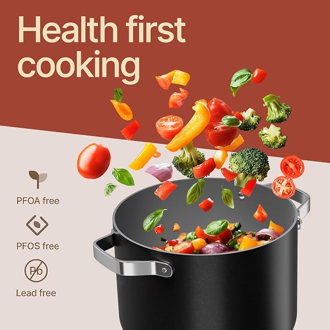 Bakken 5 Quart Ceramic Coated Stock Pot with Lid, Easy to Clean Nonstick Pot, Tempered Glass Lid, Riveted Stainless Steel Handles, Oven Safe Up To 500°F, PTFE & PFAS Free, All Stove Compatible, Black