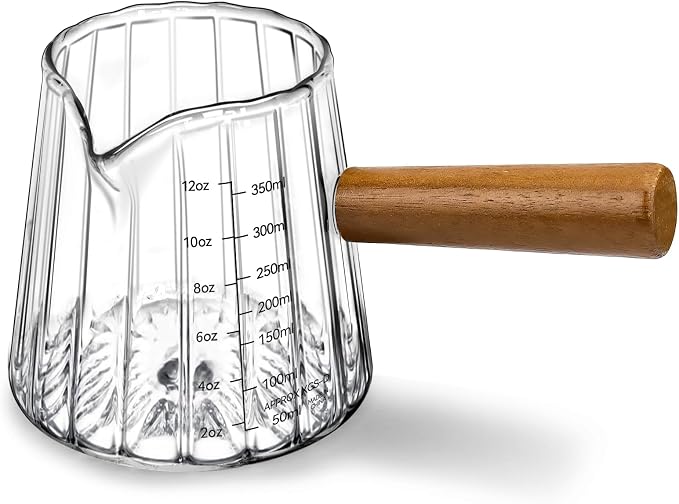 Espresso Measuring Cup 12 Oz, Espresso Glass Cups with Wood Handle, Milk Frothing Cup, Espresso Cup for Coffee, Milk, Tea or Maple Syrup Serving (Transparent, 12 oz)