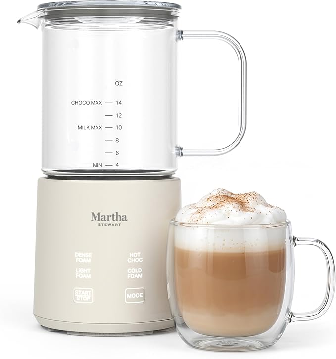 Martha Stewart 10oz Milk Frother & Steamer, 4 Presets, 300ml Glass Pitcher | Light, Dense, Cold Foam & Hot Chocolate, Ready in 90 Seconds, Cordless Pouring, Runs Quiet, Almond, Soy & Oat Milk, Linen