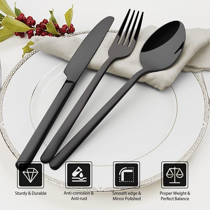 Black Silverware Set, 20-Piece Flatware Set for 4, 18/10 Stainless Steel Cutlery for Home Kitchen and Restaurant