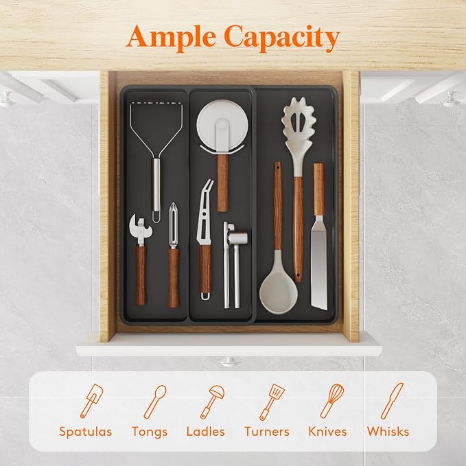 Lifewit Utensil Organizer for Kitchen Drawer, Expandable Cooking Tray | Adjustable Cutlery Flatware Holder, Plastic Silverware Spatula Tools Storage Divider, 8.9-14.4 x 15.8", Black