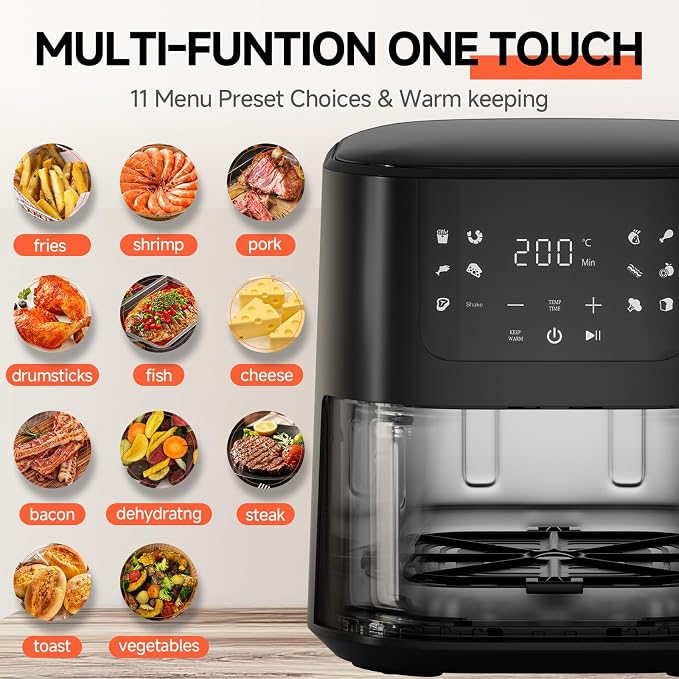 Qido Air Fryer, 5.28 QT Square Airfryer, 400°F Fast Heating Air Fryers Oven with One-Touch Presets, Auto-Off, Dishwasher-Safe Nonstick Basket, Multiple 8 in 1 Function, Black