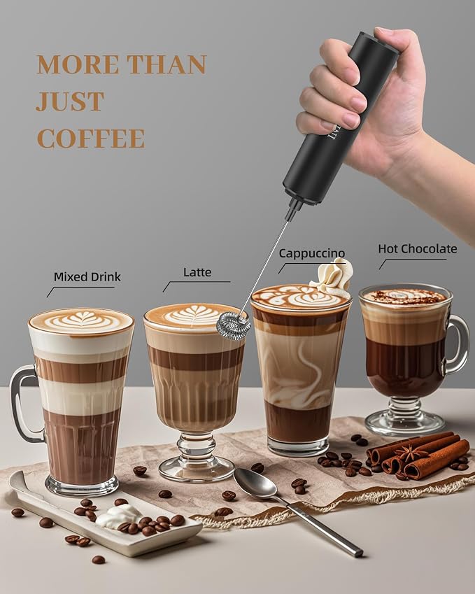INFOOD Rechargeable Milk Frother with Cover, 2-Speed, 2 Whisks, Black | Stainless Steel Body and Whisks, 2 Detachable Heads, for Lattes, Cappuccinos, Hot Chocolate, and Egg