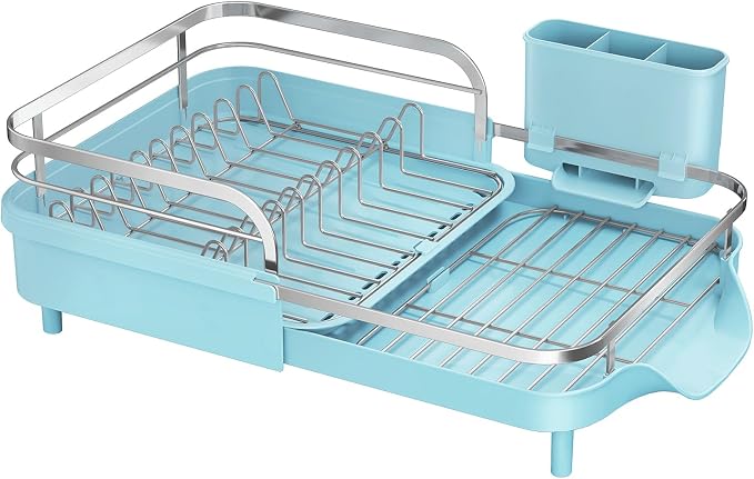 SAYZH Expandable Dish Drying Rack for Small Kitchen Counter, Blue | Stainless Steel, Protective Guardrail, Angled Drainboard, Fits High-Rim Sinks, Removable Utensil Holder