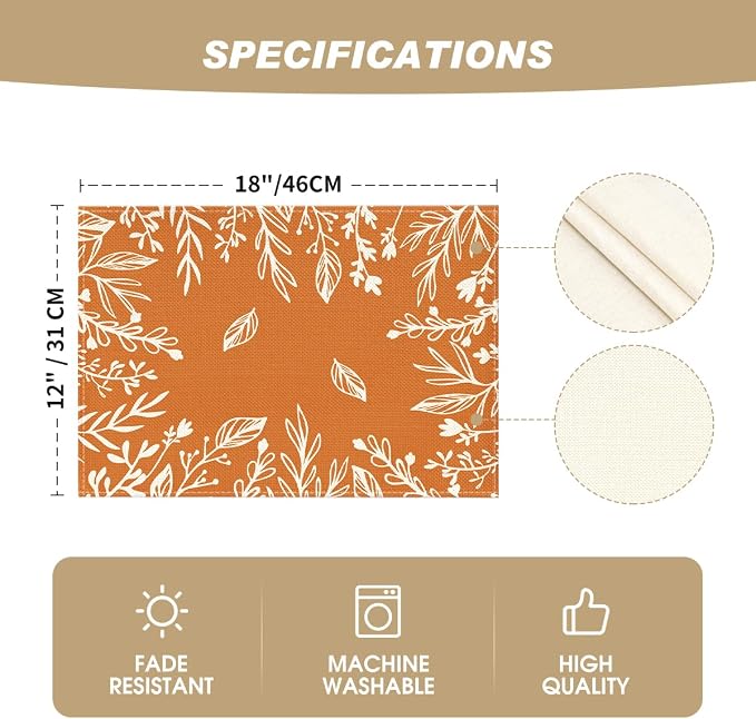 Artoid Mode Eucalyptus Leaves Fall Placemats Set of 4, 12x18 Inch Seasonal Autumn Thanksgiving Table Mats for Table Runner Kitchen Dining Decoration | Heat-Resistant Table Mats, Washable Seasonal Autumn Kitchen Dining Decor