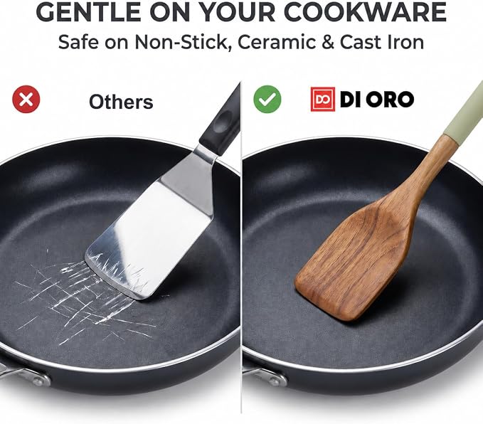 DI ORO Wooden Kitchen Utensil Set - 5 Pc Spoon & Spatula, Sage | Won't scratch nonstick pots and pans; Natural hardwood, easy to hand wash; For cooking, serving, stirring, and turning