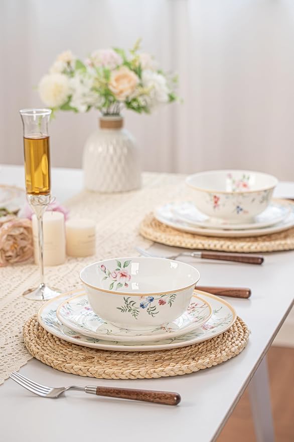 FHGNYSM Dinnerware Set for 4 (English Garden Style) | 12-Piece Porcelain Lightweight Plates and Bowls Sets , Kitchen Dinner Set with Whisper of Golden Banding