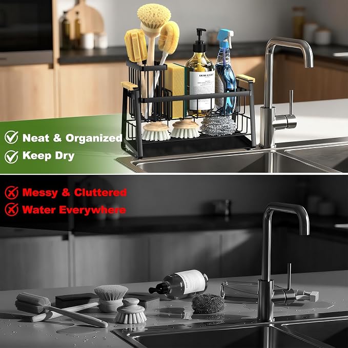 Housolution 2-Tier Sponge Holder for Kitchen Sink Caddy with Brush Holder | Auto-Draining, Suction Cups, Wooden Handle , Kitchen Sink Countertop Organization Storage, Dish Soap Holder, Rustproof, Black