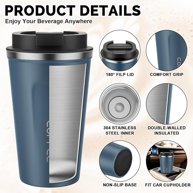 MOMSIV 17oz Travel Coffee Mug, Insulated Coffee Cup with Leakproof Lid | 6-Hour Heat Retention, 360°Leak proof, Vacuum Stainless Steel Double Walled, BPA-free, Reusable And To Go Coffee Mug