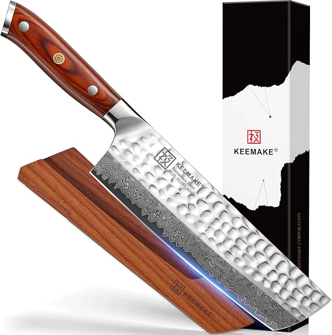Nakiri Chef Knife, 7 Inch 67-Layer Damascus Japanese Knife | Kitchen Knives with Ergonomic Pakkawood Handle, Non-Slip Cooking Vegetable Knife with Ash Sheath, Kitchen Enthusiasts Gift