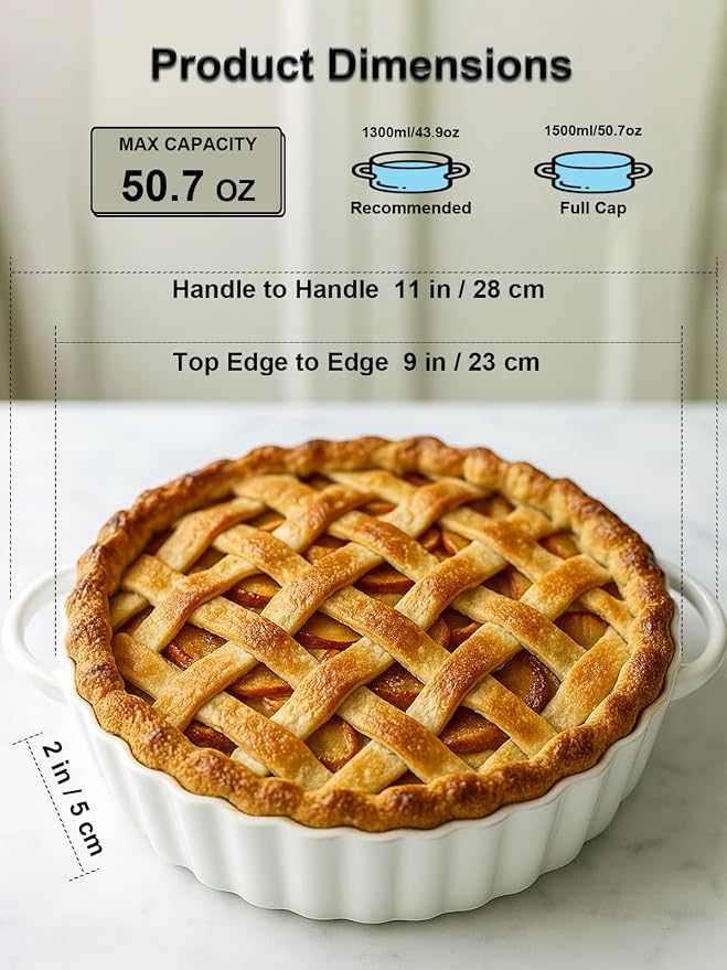 9×2in Deep Ceramic Pie Pan with Handles for Pie Quiche Tart Baking. Easy to grip, Lead-Free. Casserole Lasagna Dish for Thanksgiving Christmas Wedding Gift. Microwave, Dishwasher, Oven Safe