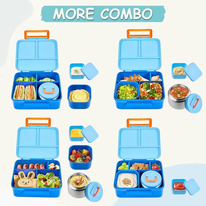 Bento Lunch Box for Kids with 8oz Soup Thermo Leak-Proof Lunch Food Containers with Snack Sauce Container for Kid Girls Boys to School, Blue
