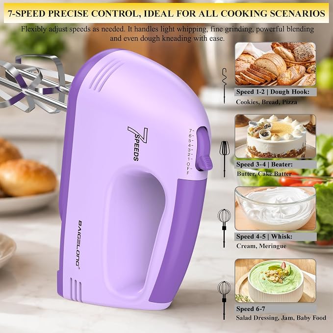 BAIGELONG Hand Mixer. 7-Speed Adjustable Kitchen Electric Mixer. With 5 Stainless Steel Attachments: 2 Hooks, 2 Beaters, 1 Whisk. Comes 1 Storage Box. Perfect for Bakers and New Starters. Purple