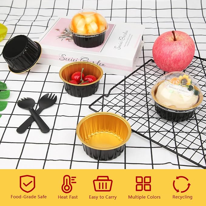 LNYZQUS 5oz Cupcake Pans with Dome Lids 100 Pack, Foil Dot Cake Cups | Mini Cake Tins, Cupcake Containers, Disposable Ramekins, for Baking and Packaging, for Bake Sale, Round Black