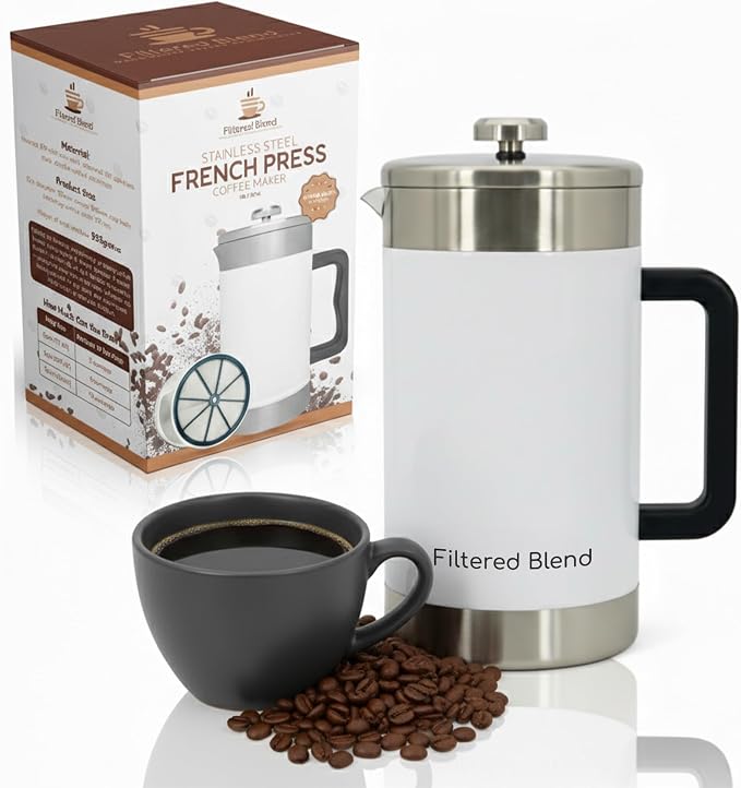 54 oz French Press Coffee Maker, Stainless Steel, Double Filter, White | French Press Coffee Maker, Stainless Steel, Double Mesh Filter, Hot & Cold Brewer, Travel Friendly Gift, White
