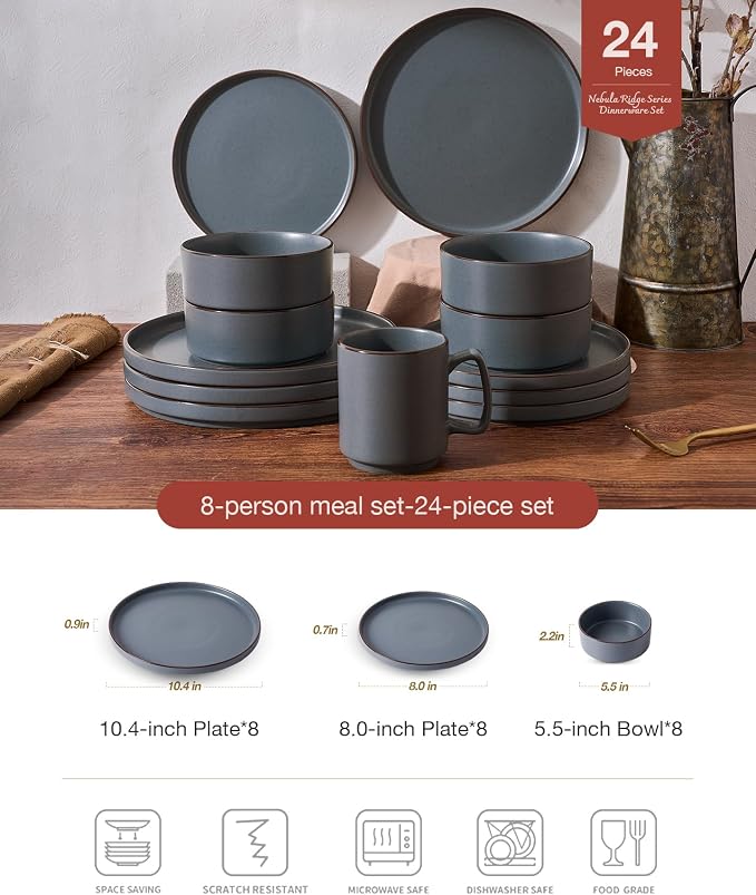 Famiware Nebula Ridge 24-Piece Stoneware Dinnerware Set, Charcoal | Plates and Bowls for 8, Warm Hand-Painted Rims, Microwave and Dishwasher Safe, Daily Essentials