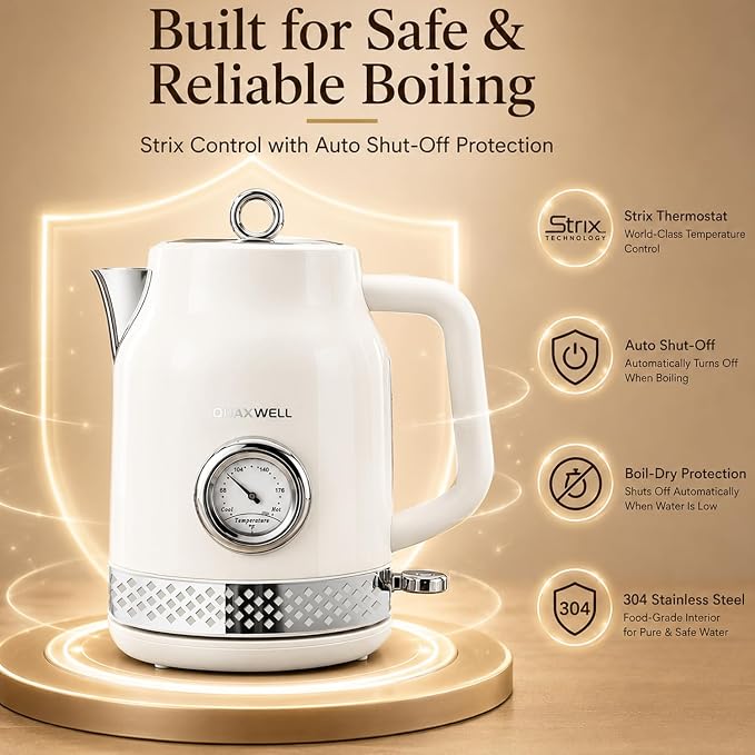 Retro Electric Kettle, 1.7L, 304 Stainless Steel, Off-white | Tea Kettle With Temperature Gauge, 1500W Fast Boiling, Auto Shut-Off & Boil-Dry Protection, BPA-Free