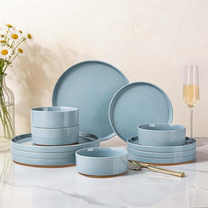 AmorArc Stoneware Dinnerware Sets for 4,12Pcs Plates and Bowls Set | Handmade Ceramic Dish Set,Dishwasher & Microwave Safe,Scratch Resistant-Light Blue