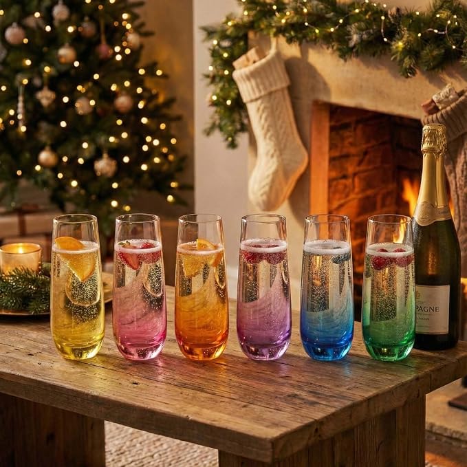 ColoVie Stemless Champagne Flutes set of 6, Colored Bar Glassware, Cocktail | Colored Champagne Glasses, Crystal Glass for Wedding Toasting, Prosecco, Mimosa Glasses, Bridesmaid Gift, Party Glassware