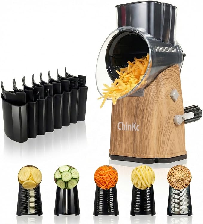 Upgrade Rotary Cheese Grater Shredder with Handle, Strong Suction Base, Multi-purpose Rotary Grater Slicer with 5 Interchangeable Blades for Ice, Vegetables, Fruit, Nuts with Blade Storage Box